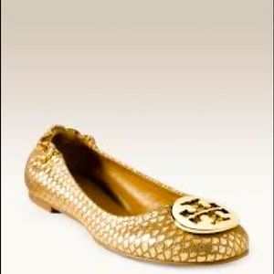 Tory Burch ‘Reva’ Metallic Snake Embossed Leather Flat in Gold - Size 9.5